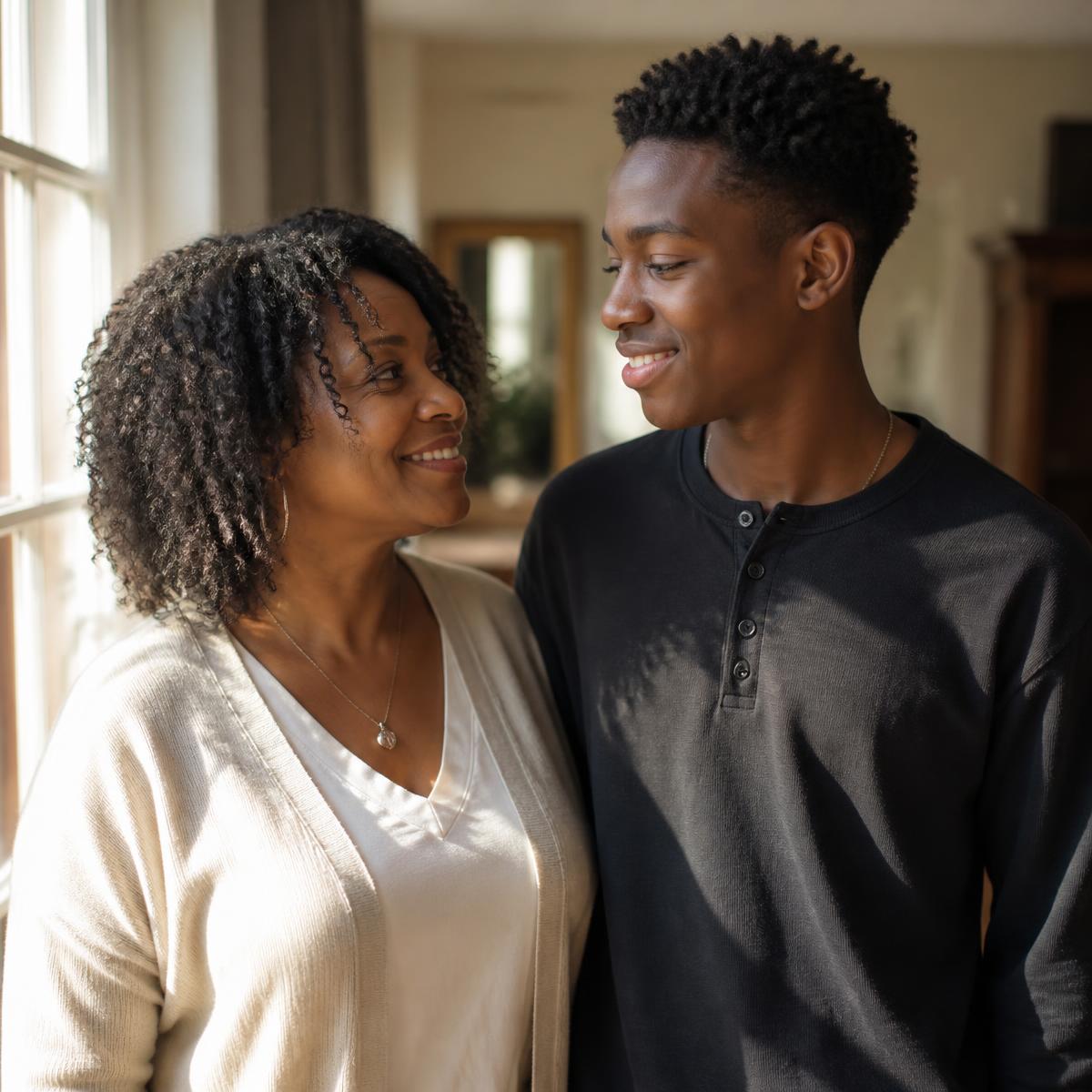 A mother and her teenage son standing together by a sunlit window, smiling at each other.